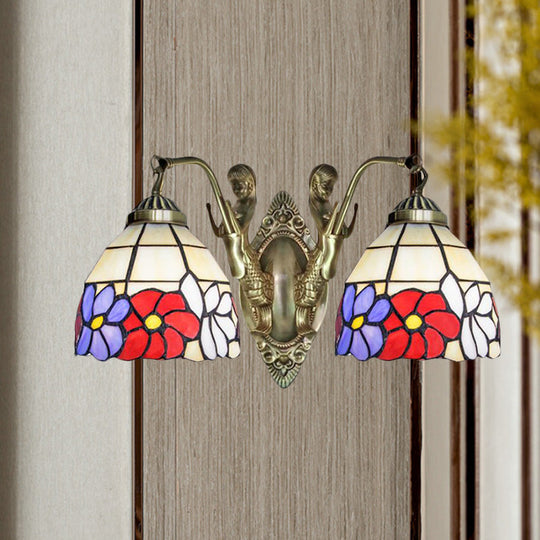 Tiffany Stained Glass Dome Wall Sconce: 2-Bulb Beige/Orange Floral Pattern, Mermaid Arm for Bedroom Lighting