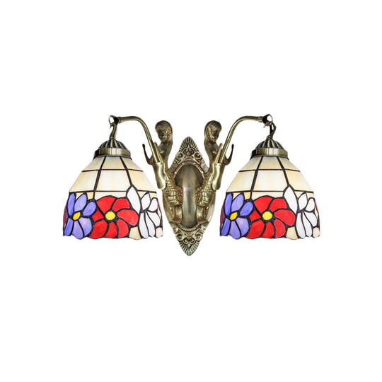 Tiffany Stained Glass Dome Wall Sconce: 2-Bulb Beige/Orange Floral Pattern, Mermaid Arm for Bedroom Lighting