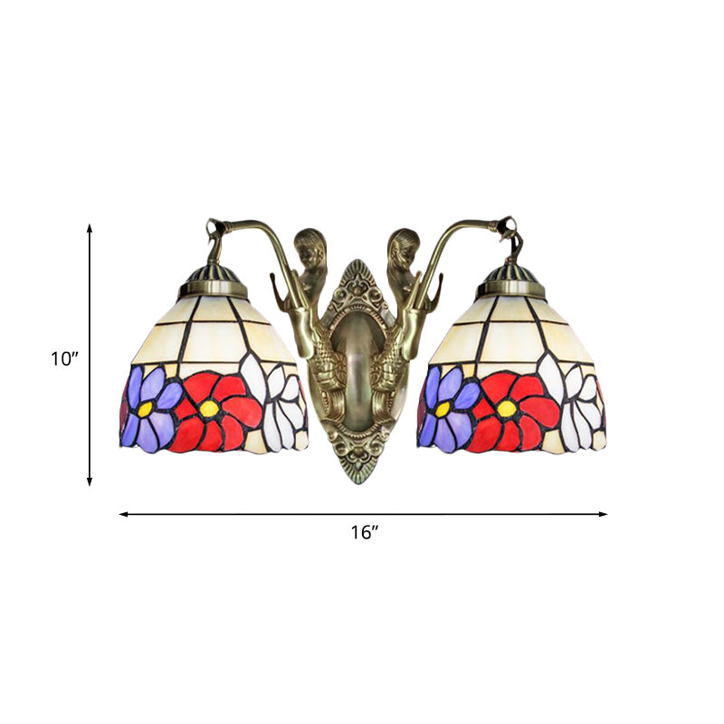 Tiffany Stained Glass Dome Wall Sconce: 2-Bulb Beige/Orange Floral Pattern, Mermaid Arm for Bedroom Lighting