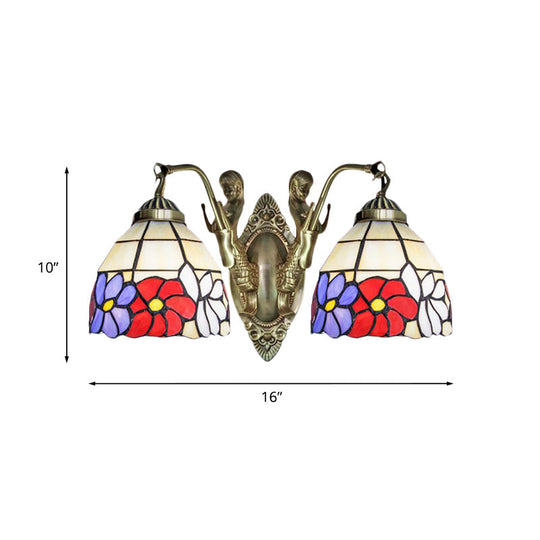 Tiffany Stained Glass Dome Wall Sconce: 2-Bulb Beige/Orange Floral Pattern, Mermaid Arm for Bedroom Lighting