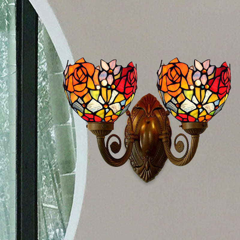 Bronze Tiffany Rose Stained Glass Wall Sconce with Bowl Shade - 2-Light Wall Lamp