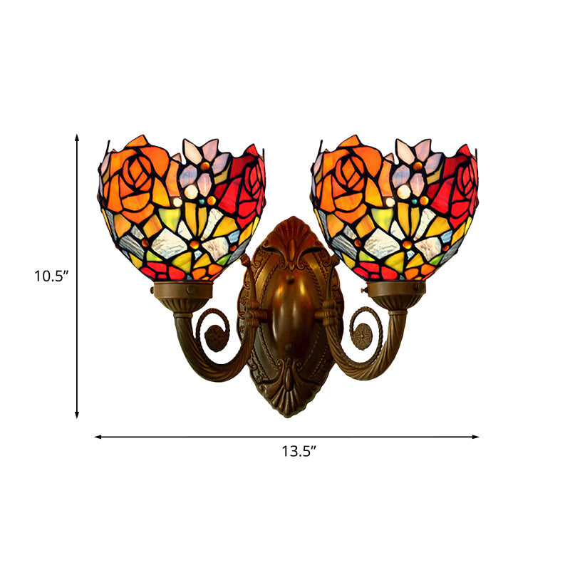 Bronze Tiffany Rose Stained Glass Wall Sconce with Bowl Shade - 2-Light Wall Lamp