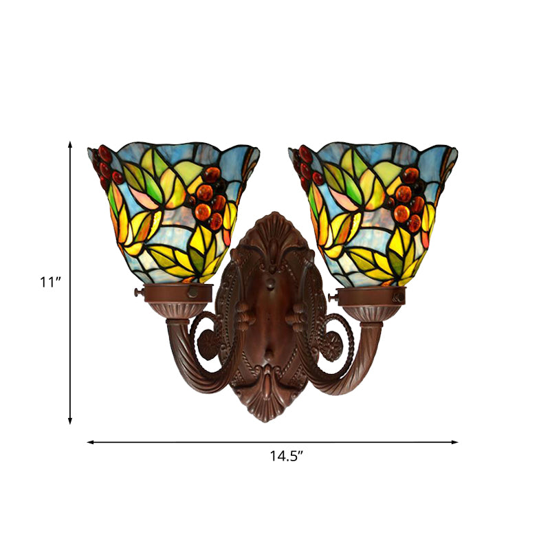Mediterranean Glass Wall Sconce Lighting, Pink/Blue Flared Design with Hand-Cut 2 Heads, Fruit Pattern