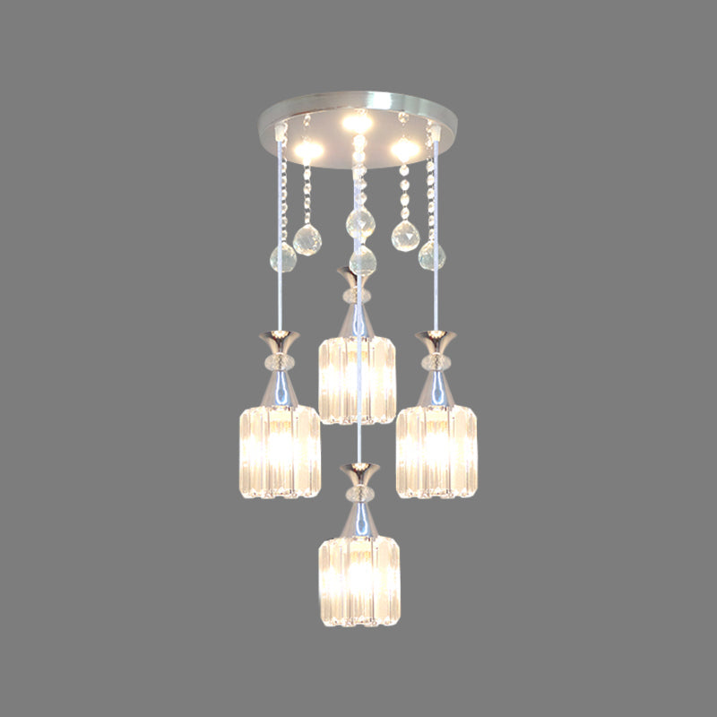Modern 4-Head Crystal Cylinder Pendant Light with Silver Finish