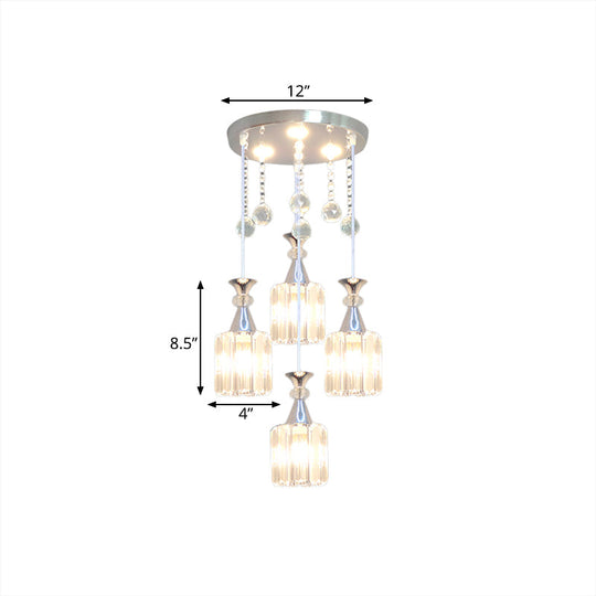 Modern 4-Head Crystal Cylinder Pendant Light with Silver Finish