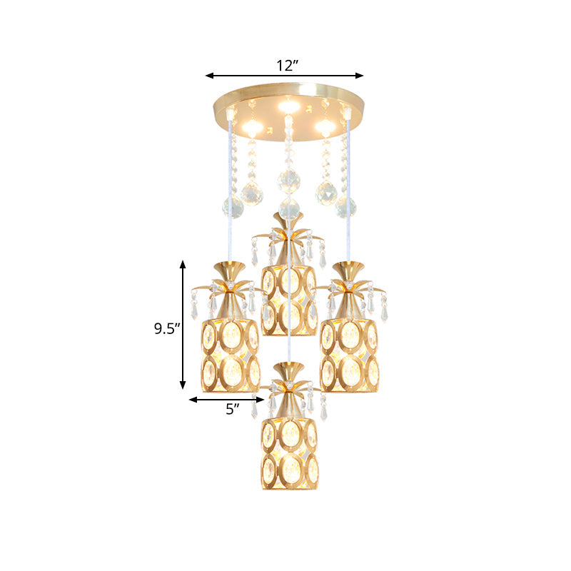 Modern Crystal Ceiling Lamp with 4 Lights and Gold Finish Pendant