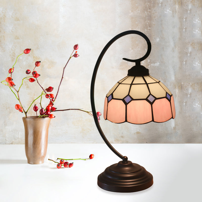 Tiffany Hand Cut Glass Red/Pink Grid Patterned Nightstand Lamp with Domed Shape and Curved Arm"

Note: To optimize for SEO, it is important to include relevant keywords while keeping the title concise.