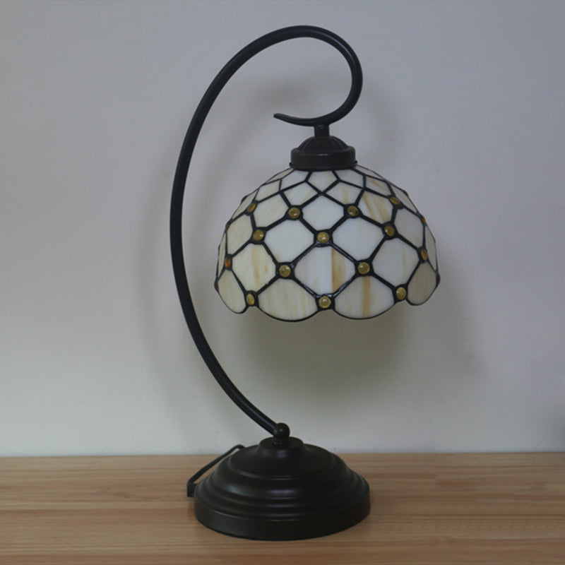 Bronze Tiffany Night Table Lamp with Beaded Patterned Shade - Swirl Arm, Beige/White Glass