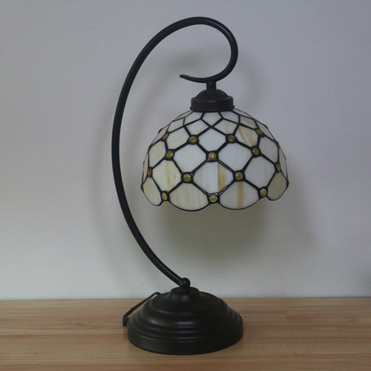 Bronze Tiffany Night Table Lamp with Beaded Patterned Shade - Swirl Arm, Beige/White Glass