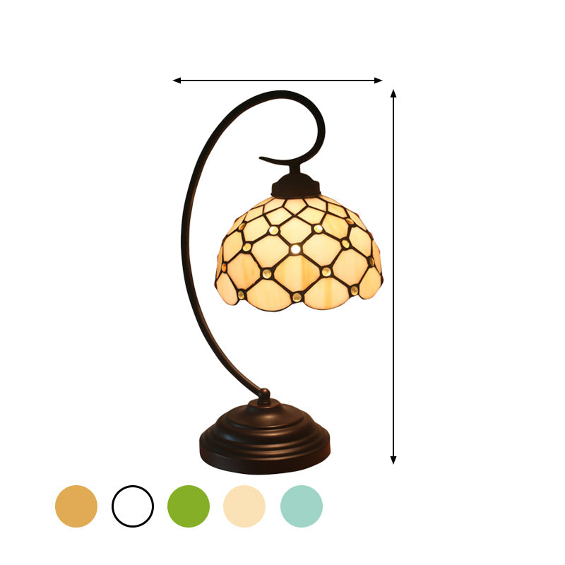 Bronze Tiffany Night Table Lamp with Beaded Patterned Shade - Swirl Arm, Beige/White Glass