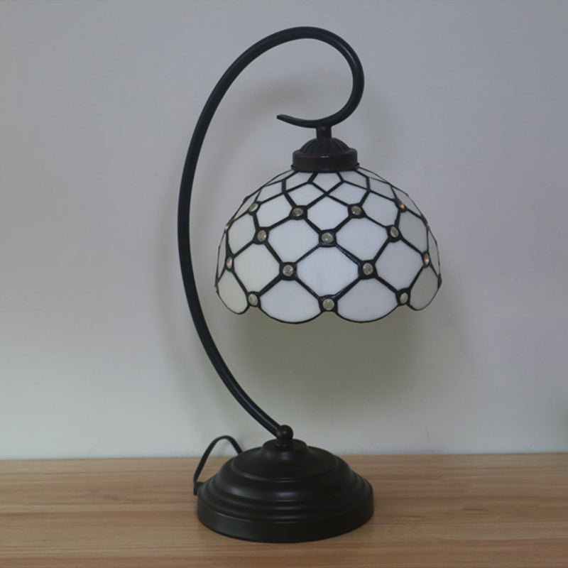 Bronze Tiffany Night Table Lamp with Beaded Patterned Shade - Swirl Arm, Beige/White Glass