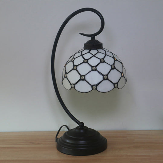 Bronze Tiffany Night Table Lamp with Beaded Patterned Shade - Swirl Arm, Beige/White Glass