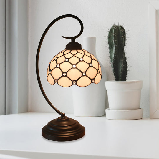 Bronze Tiffany Night Table Lamp with Beaded Patterned Shade - Swirl Arm, Beige/White Glass