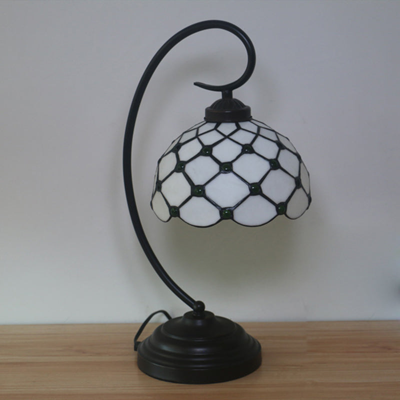 Bronze Tiffany Night Table Lamp with Beaded Patterned Shade - Swirl Arm, Beige/White Glass