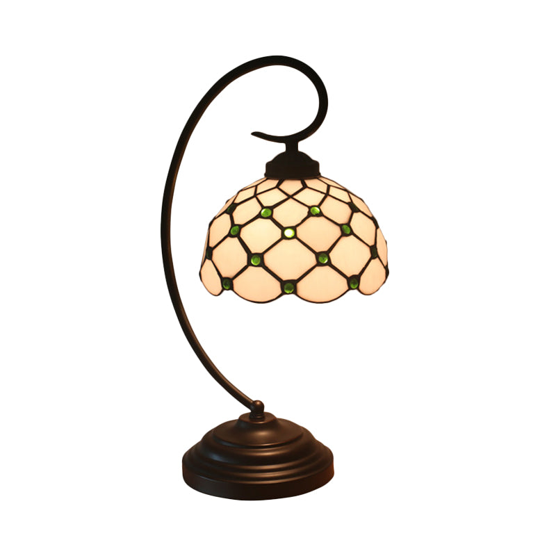 Bronze Tiffany Night Table Lamp with Beaded Patterned Shade - Swirl Arm, Beige/White Glass