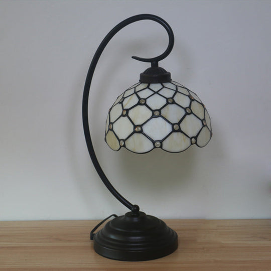 Bronze Tiffany Night Table Lamp with Beaded Patterned Shade - Swirl Arm, Beige/White Glass