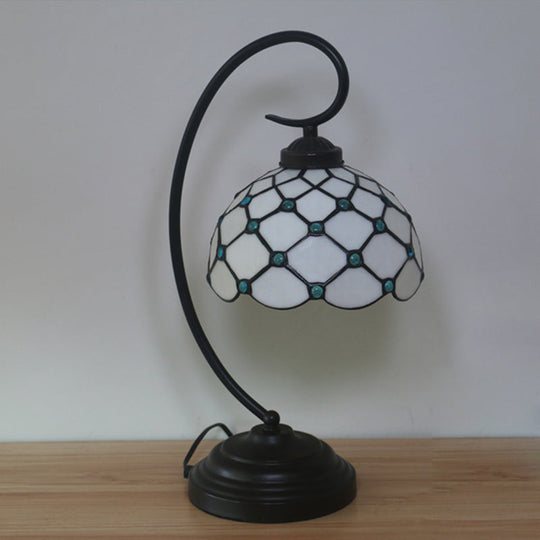 Bronze Tiffany Night Table Lamp with Beaded Patterned Shade - Swirl Arm, Beige/White Glass