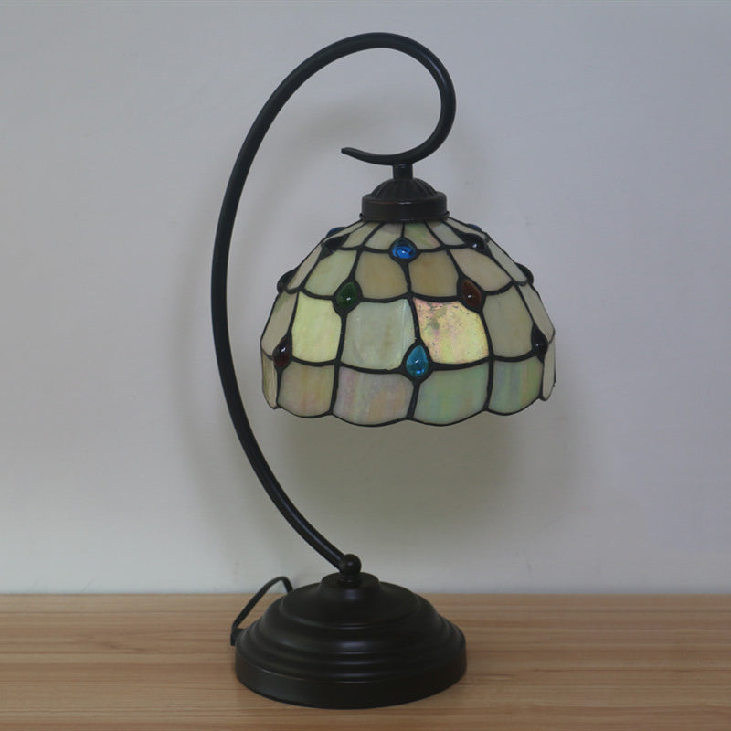 Dark Coffee Curvy Arm Metal Night Table Light with Beige Glass Shade - Baroque Style Task Lighting