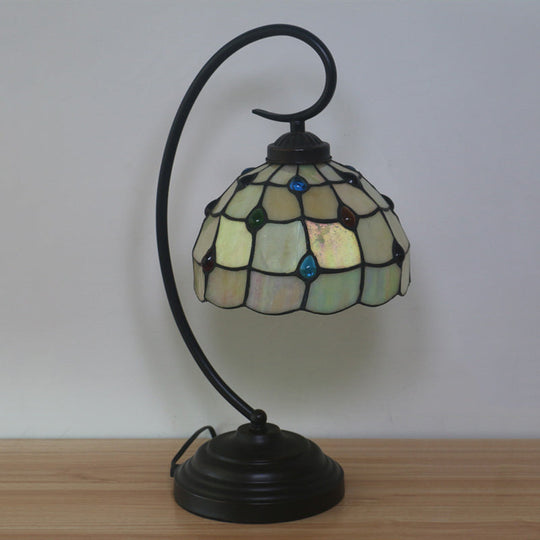 Dark Coffee Curvy Arm Metal Night Table Light with Beige Glass Shade - Baroque Style Task Lighting