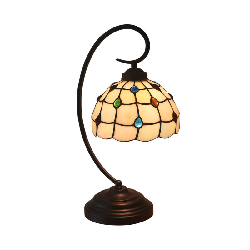 Dark Coffee Curvy Arm Metal Night Table Light with Beige Glass Shade - Baroque Style Task Lighting