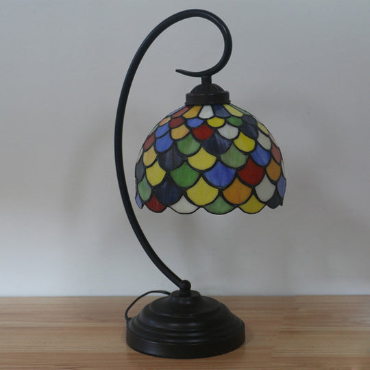 Victorian Fishscale Patterned Domed Task Lamp – 1 Light Stained Glass Nightstand Lighting in Dark Coffee with Curved Arm