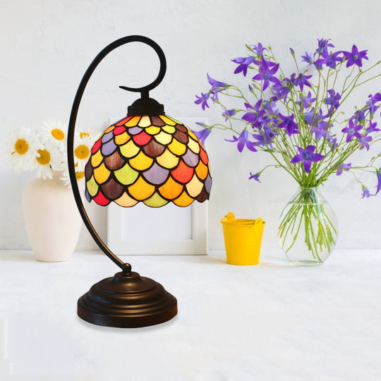 Victorian Fishscale Patterned Domed Task Lamp – 1 Light Stained Glass Nightstand Lighting in Dark Coffee with Curved Arm