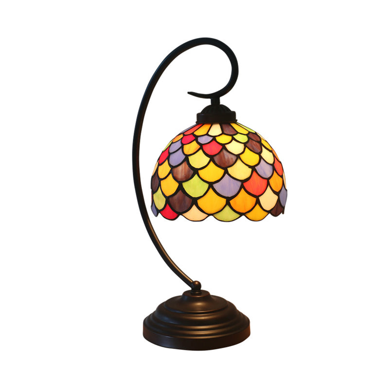 Victorian Fishscale Patterned Domed Task Lamp – 1 Light Stained Glass Nightstand Lighting in Dark Coffee with Curved Arm