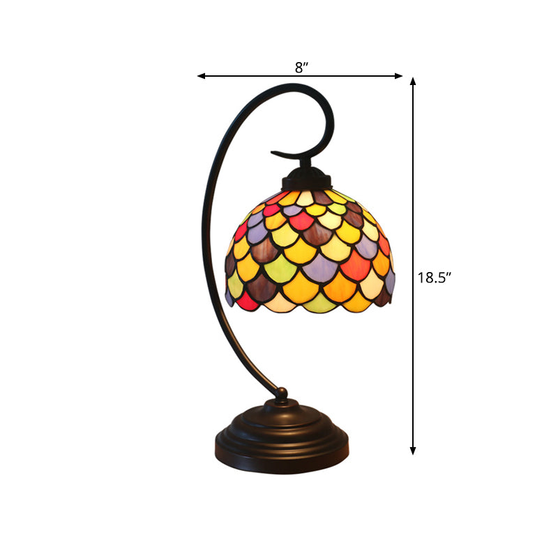 Victorian Fishscale Patterned Domed Task Lamp – 1 Light Stained Glass Nightstand Lighting in Dark Coffee with Curved Arm