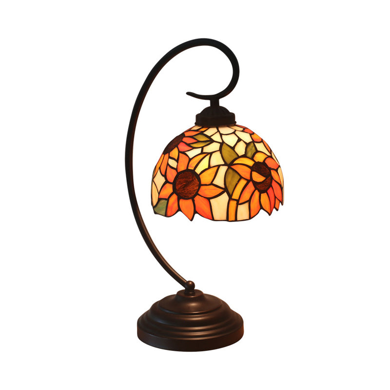 Mediterranean Sunflower Stained Glass Nightstand Light - Dark Coffee Finish, Swirl Arm, Bulb Included