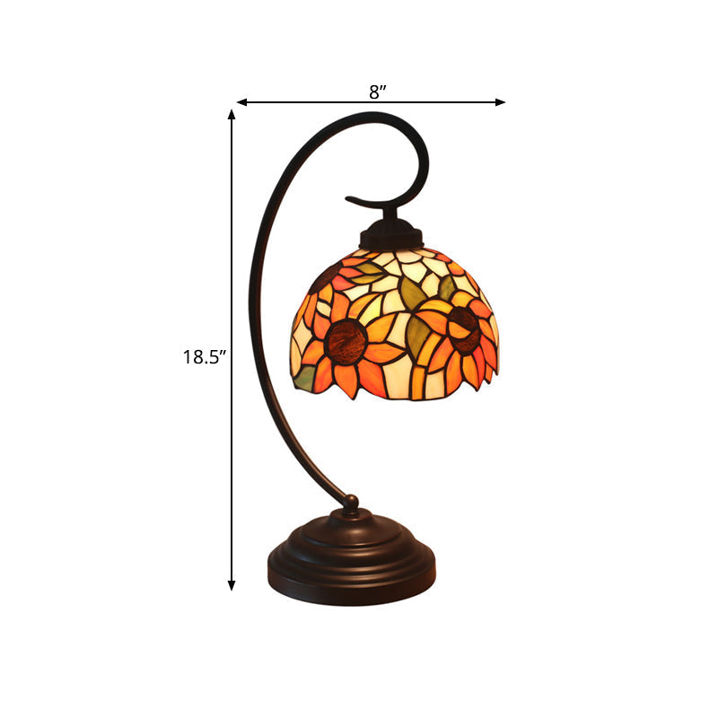 Mediterranean Sunflower Stained Glass Nightstand Light - Dark Coffee Finish, Swirl Arm, Bulb Included