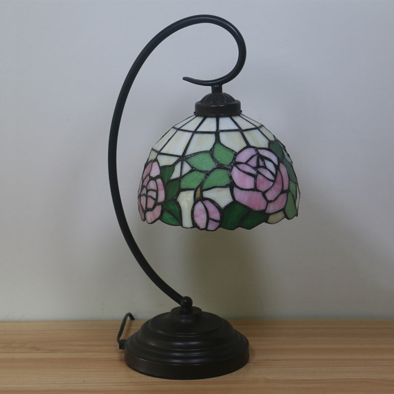 Curvy Bronze Baroque Night Light with Floral Patterned Glass Shade