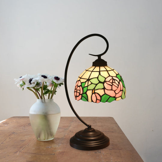 Curvy Bronze Baroque Night Light with Floral Patterned Glass Shade