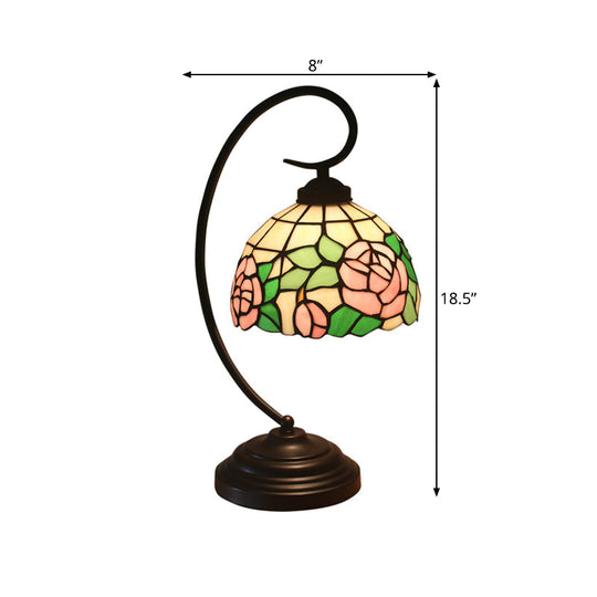 Curvy Bronze Baroque Night Light with Floral Patterned Glass Shade