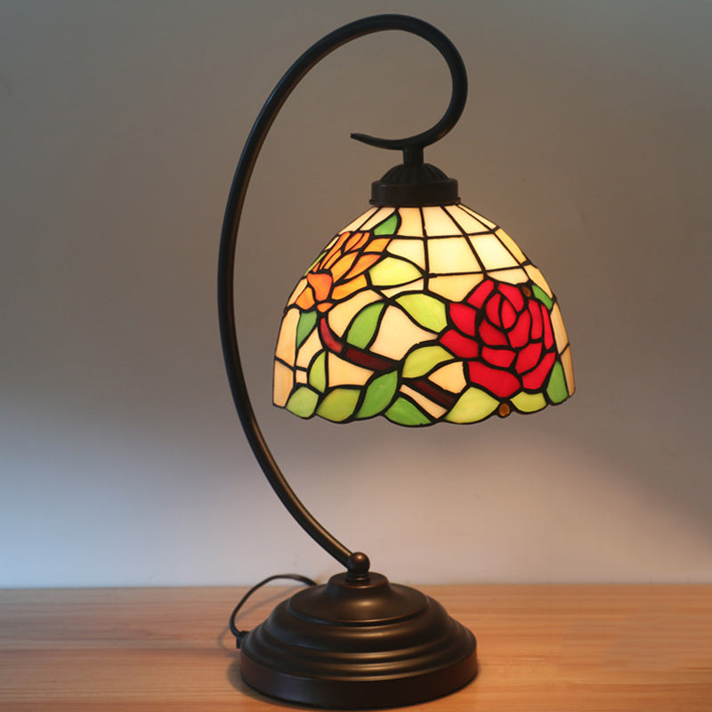 Curvy Bronze Baroque Night Light with Floral Patterned Glass Shade