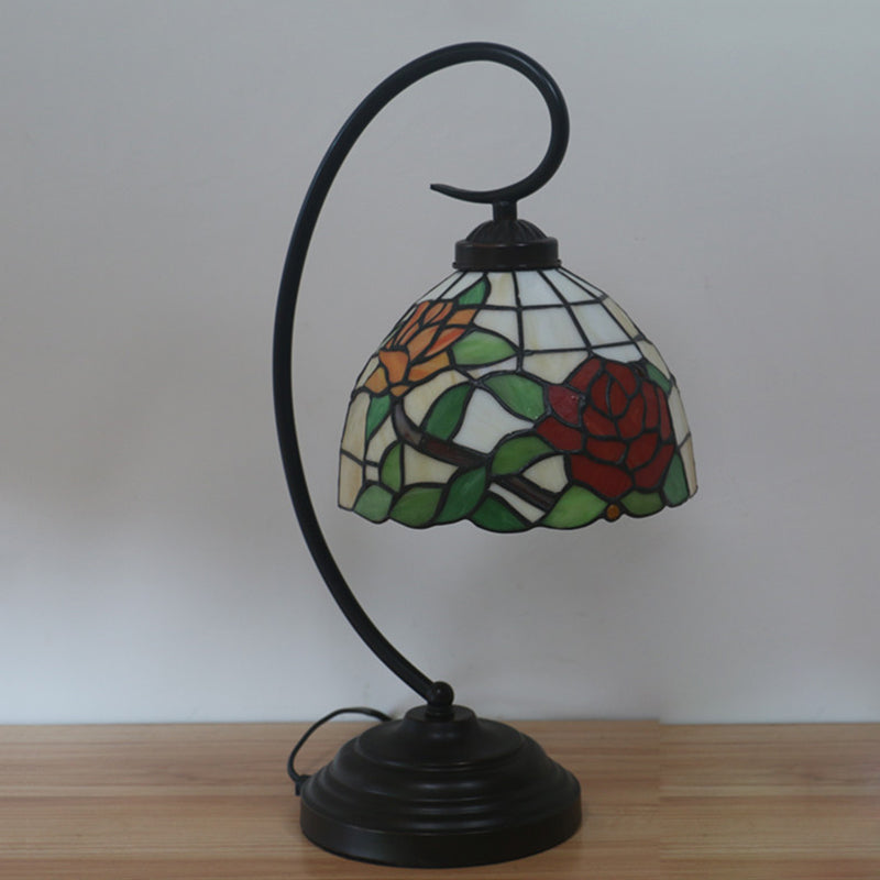 Curvy Bronze Baroque Night Light with Floral Patterned Glass Shade