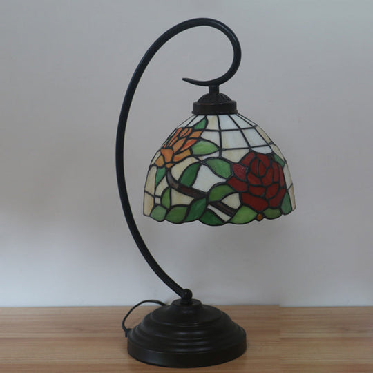 Curvy Bronze Baroque Night Light with Floral Patterned Glass Shade