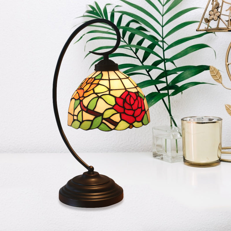 Curvy Bronze Baroque Night Light with Floral Patterned Glass Shade