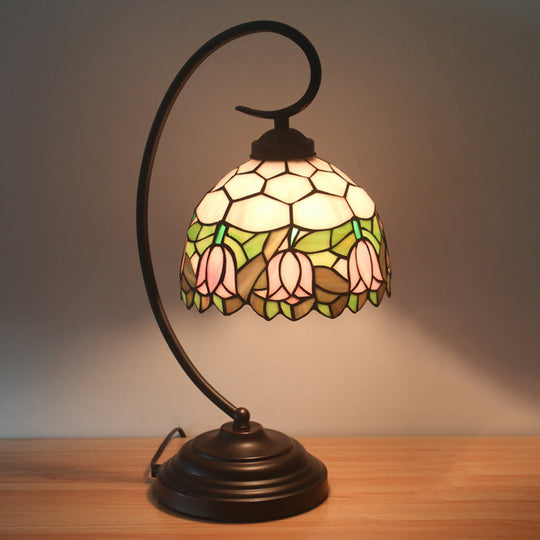 Curvy Bronze Baroque Night Light with Floral Patterned Glass Shade