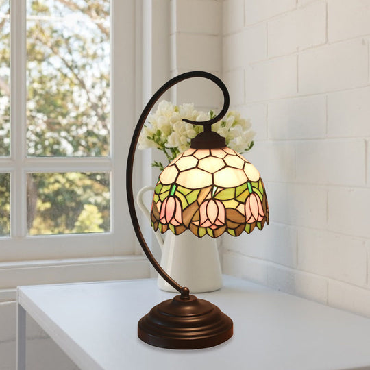 Curvy Bronze Baroque Night Light with Floral Patterned Glass Shade