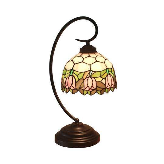 Curvy Bronze Baroque Night Light with Floral Patterned Glass Shade