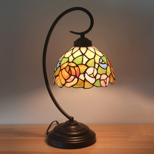 Curvy Bronze Baroque Night Light with Floral Patterned Glass Shade