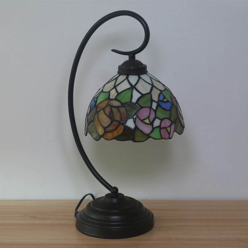 Curvy Bronze Baroque Night Light with Floral Patterned Glass Shade
