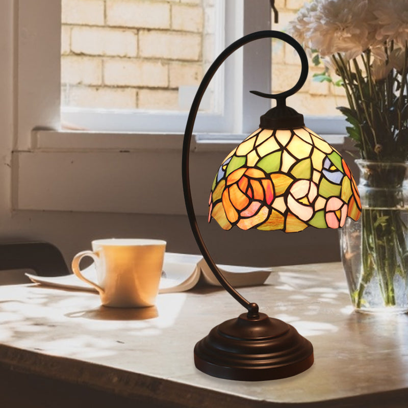 Curvy Bronze Baroque Night Light with Floral Patterned Glass Shade