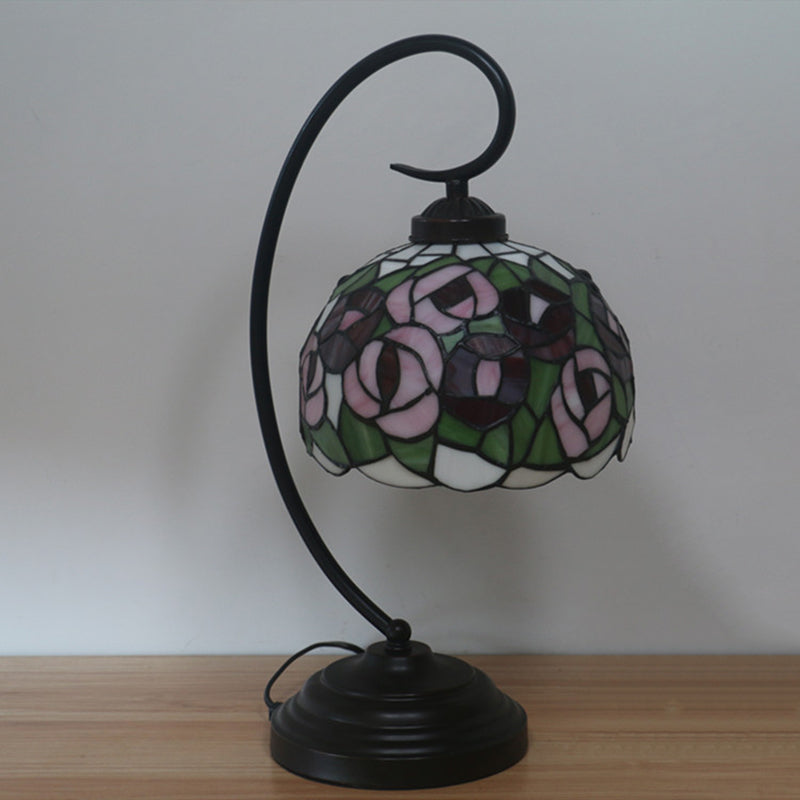 1-Light Baroque Dark Coffee Flower Patterned Desk Lamp for Bedroom – Enchanting Dome Stained Glass Shade