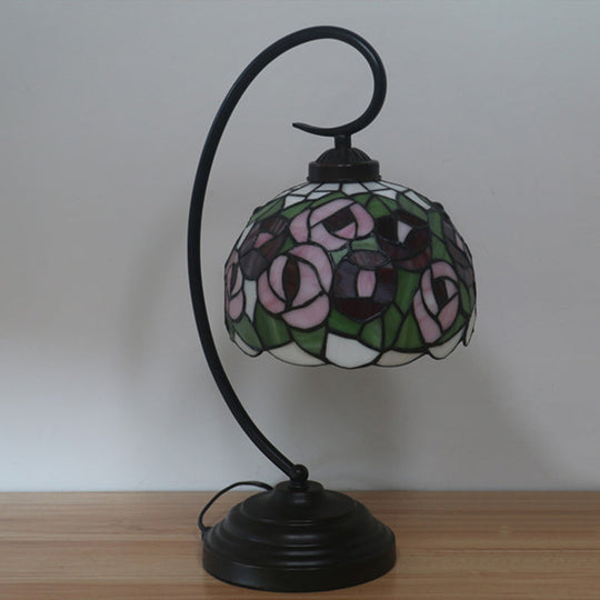 1-Light Baroque Dark Coffee Flower Patterned Desk Lamp for Bedroom – Enchanting Dome Stained Glass Shade