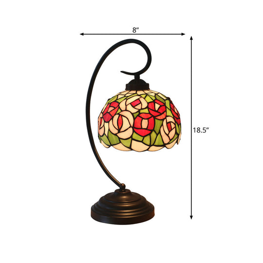 1-Light Baroque Dark Coffee Flower Patterned Desk Lamp for Bedroom – Enchanting Dome Stained Glass Shade