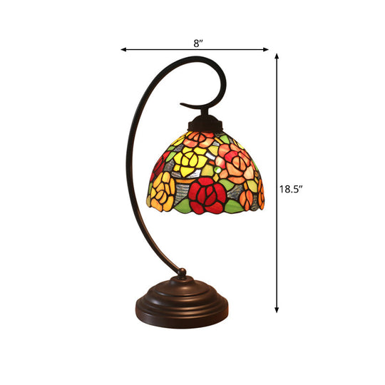Rose Patterned Victorian Night Lamp with Stained Art Glass in Dark Coffee