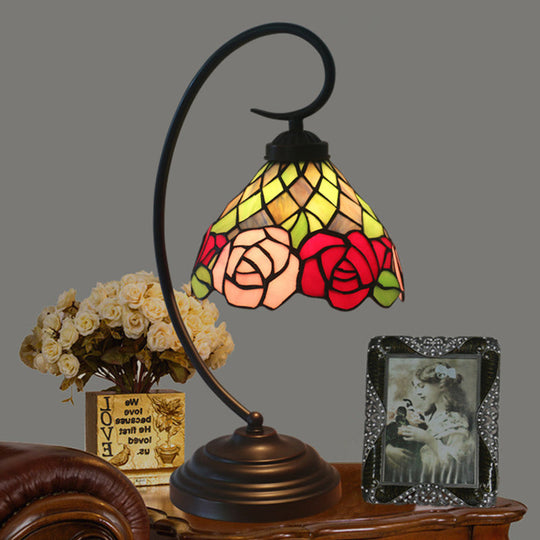 Victorian Stained Art Glass Rose Patterned Desk Lamp in Dark Coffee - Table Lamp with 1 Head