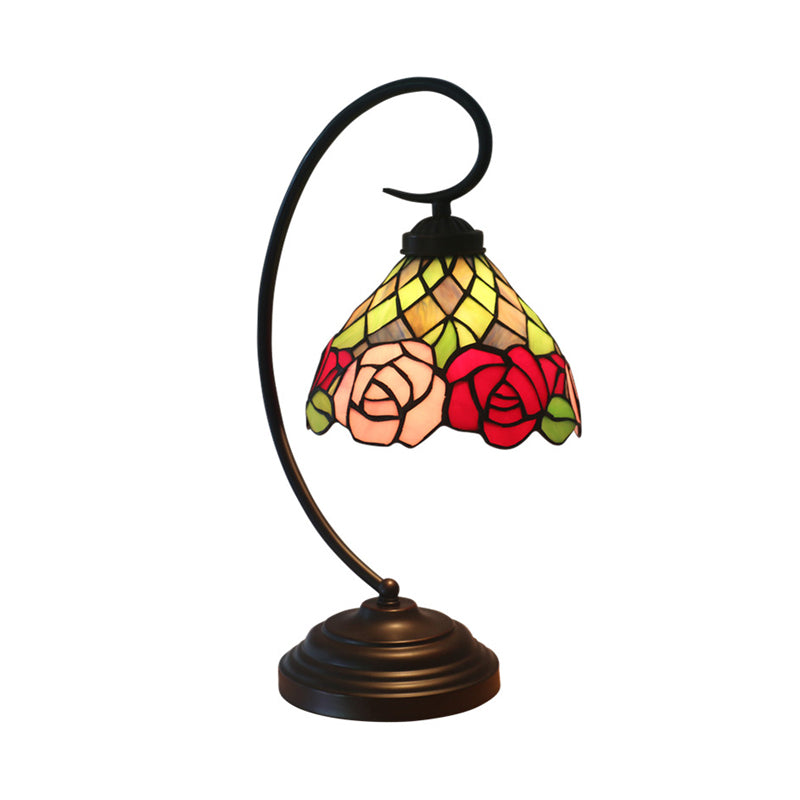 Victorian Stained Art Glass Rose Patterned Desk Lamp in Dark Coffee - Table Lamp with 1 Head