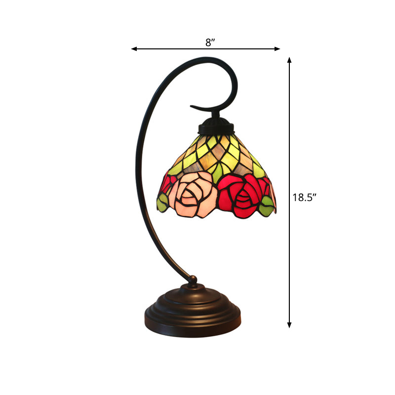 Victorian Stained Art Glass Rose Patterned Desk Lamp in Dark Coffee - Table Lamp with 1 Head